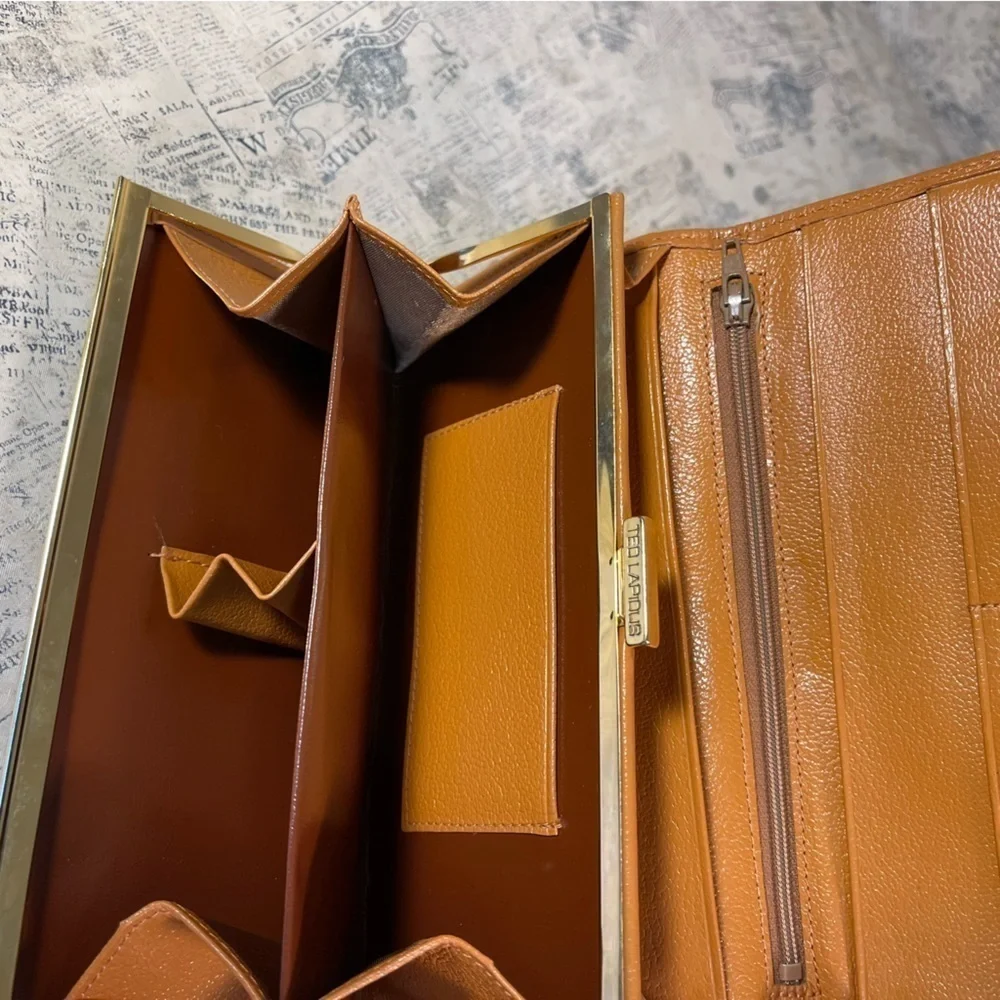 Vintage Ted Lapidus Paris Monogram Leather Wallet Tan Brown Bifold France